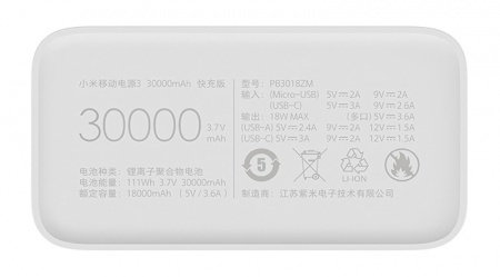 Купить Внешний аккумулятор Xiaomi Mi Power Bank 3 30000 mAh White (PB3018ZM)